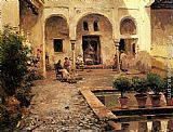 Figures Canvas Paintings - Figures in a Spanish Courtyard